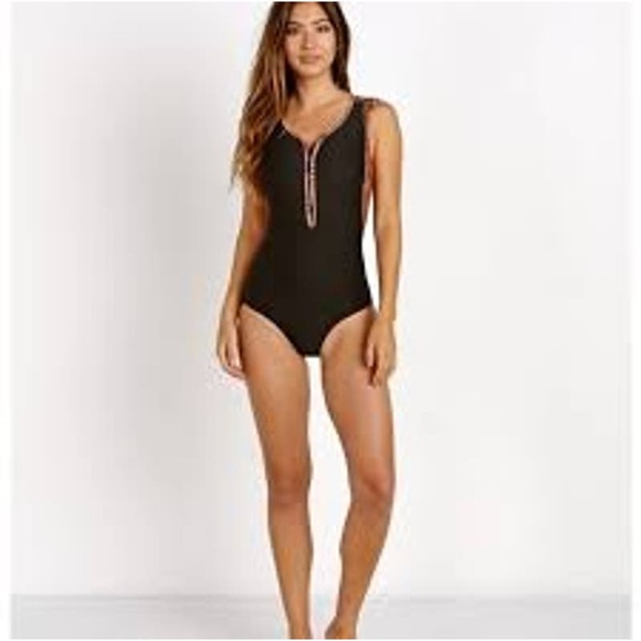 Seea Black and Orange One-Piece Swimsuit with Deep V-Neckline - Picture 1 of 7